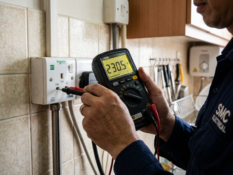 Electrician testing a power socket in a Singapore HDB flat kitchen.