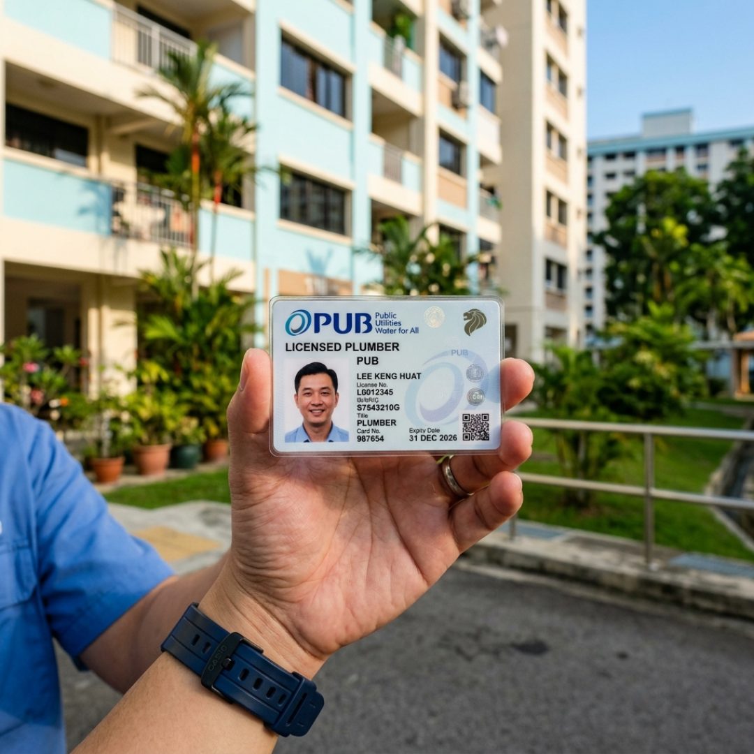 A PUB licensed plumber card, signifying certified expertise for Singapore plumbing regulations.