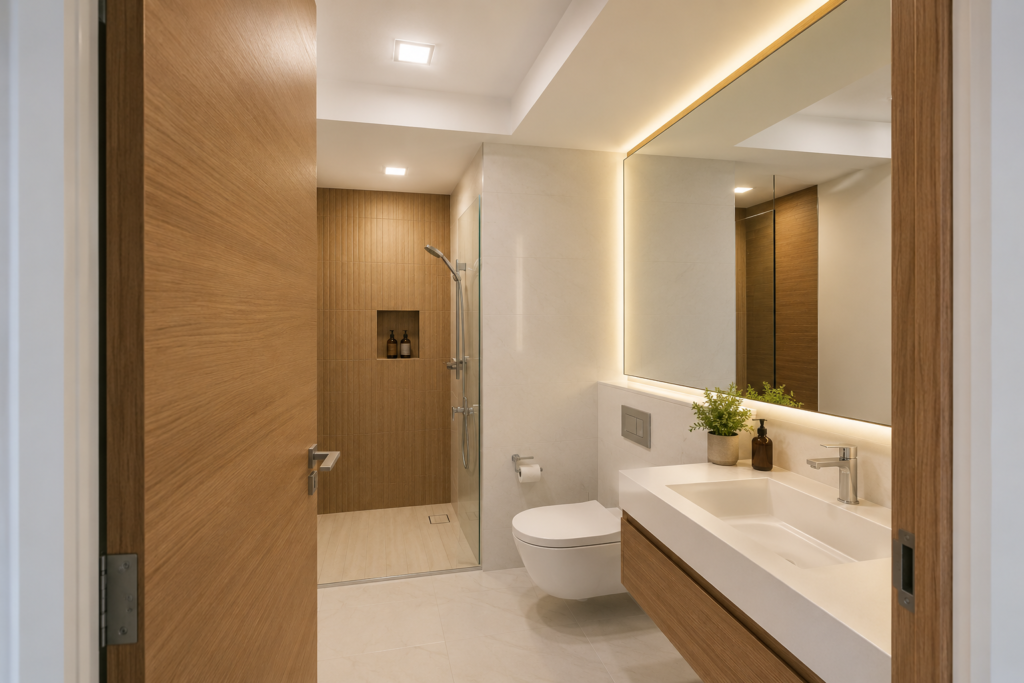 Modern minimalist bathroom with warm accents