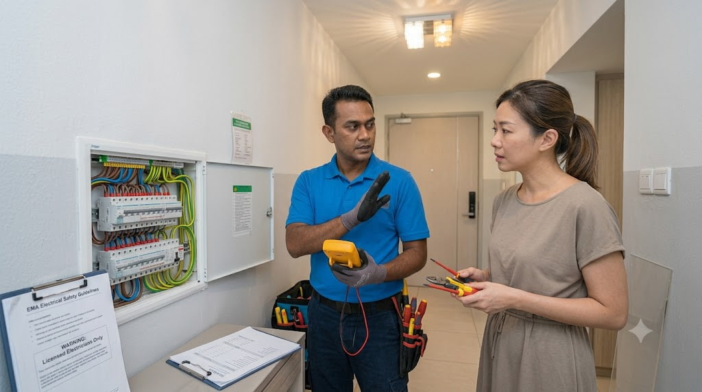 Licensed electrician stopping a homeowner from attempting DIY electrical repairs on a residential electrical panel in Singapore