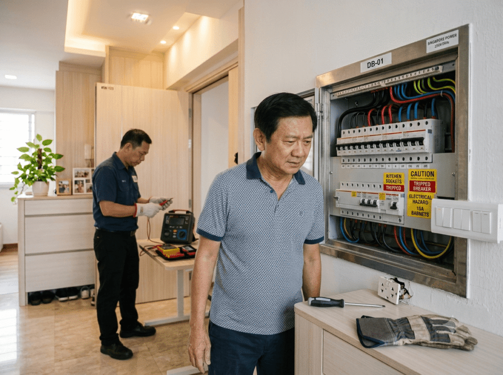 Homeowner avoiding DIY electrical repair while a licensed electrician safely inspects electrical wiring in a Singapore home.