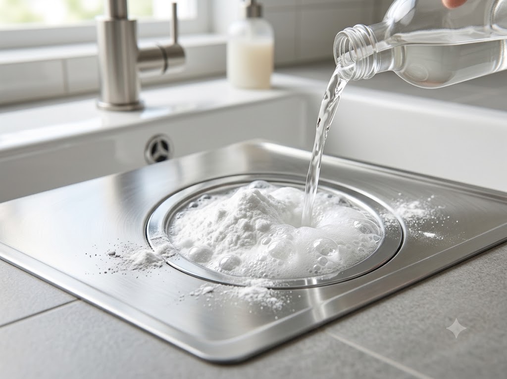 Natural drain cleaning using baking soda and vinegar to clear a minor blockage.