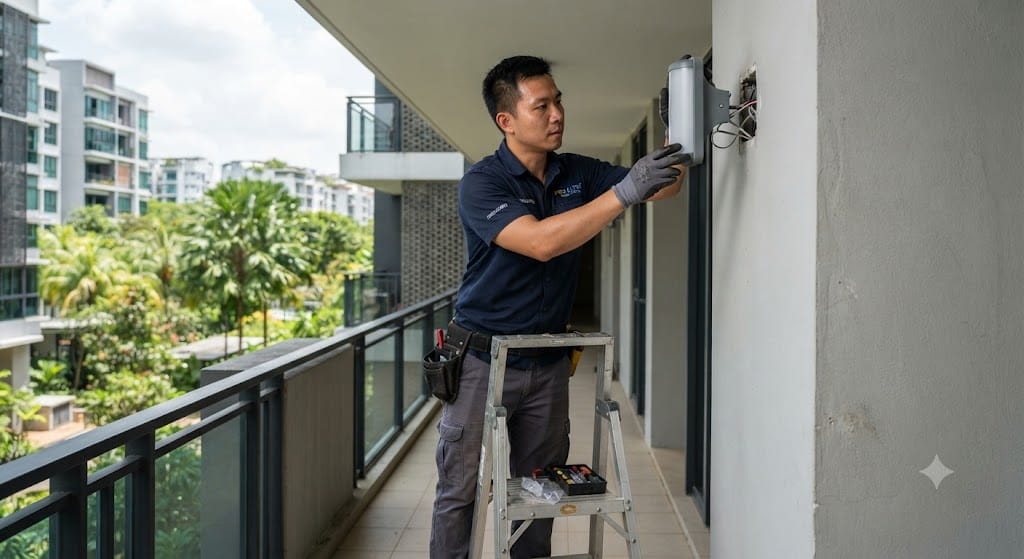 Electrician installing and repairing outdoor balcony and corridor lighting fixtures for Singapore residential properties.