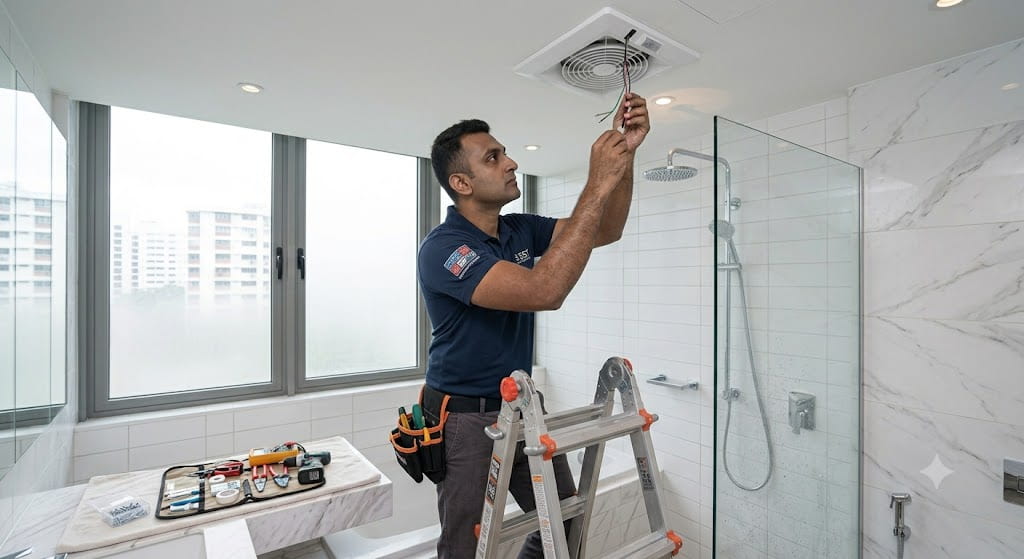 Bathroom exhaust fan installation service in Singapore with professional ventilation fan fitting for HDB and condo bathrooms