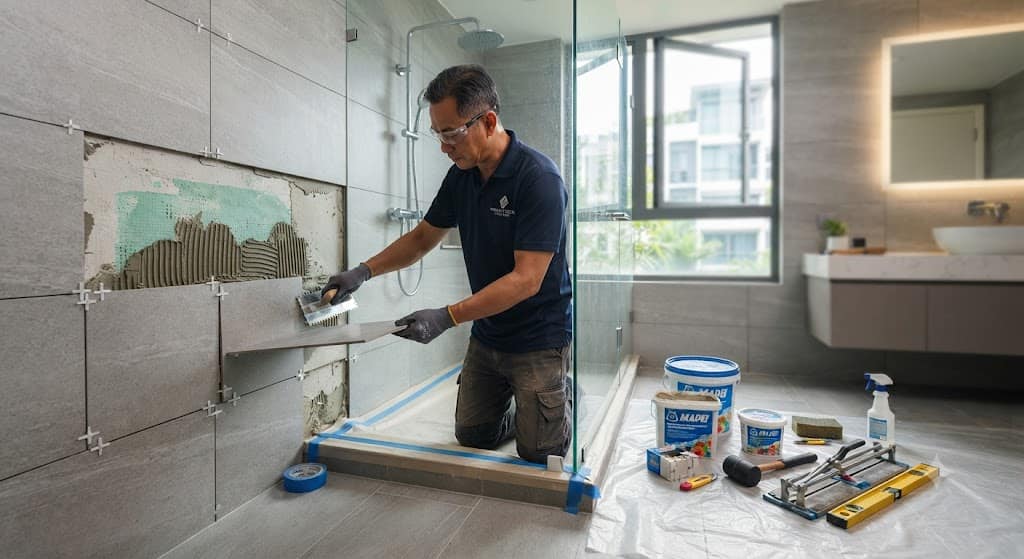 Bathroom floor and wall tile repair service in Singapore with waterproof tile restoration for HDB and condo bathrooms
