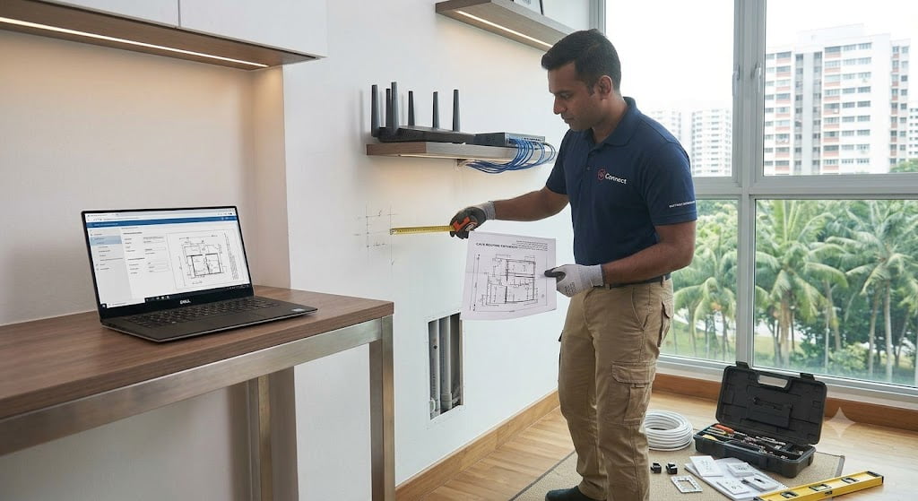 CAT6 network cable route planning service in Singapore with structured Ethernet wiring assessment and cable pathway design