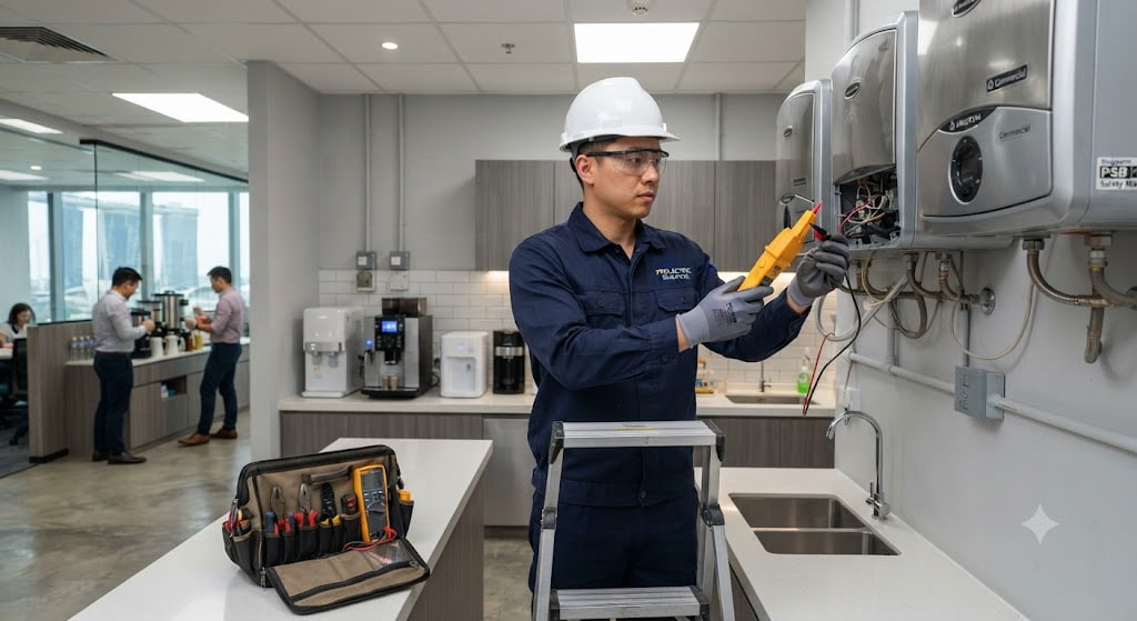 Commercial electrician providing water heater electrical point installation and support services for offices and businesses in Singapore.