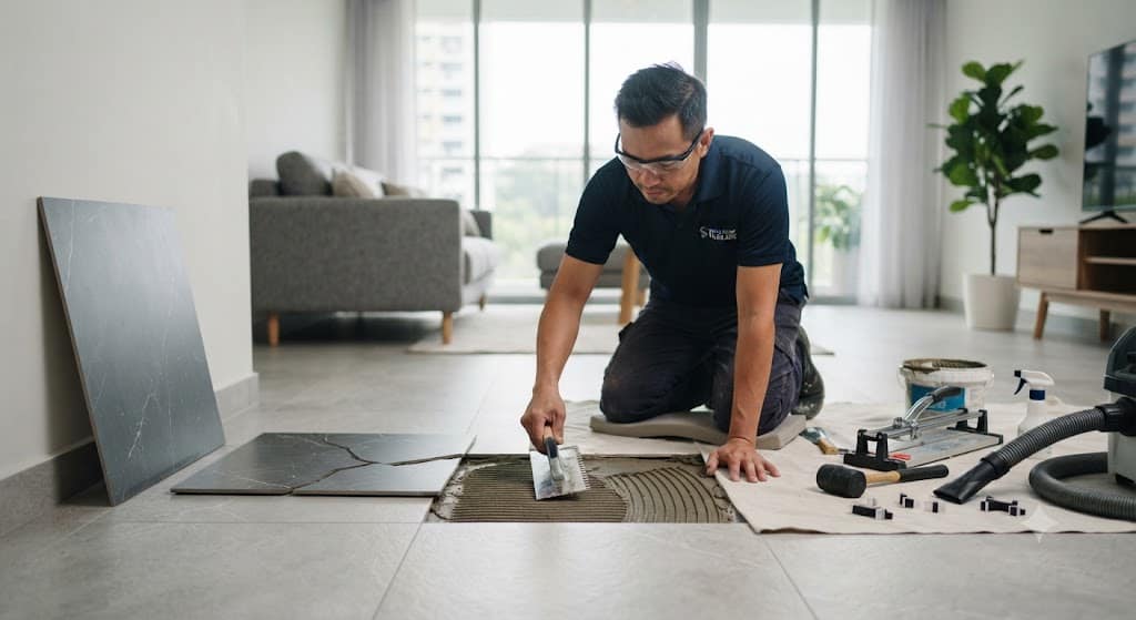 Professional cracked and chipped tile replacement service in Singapore HDB and condo flooring with matching tile repair