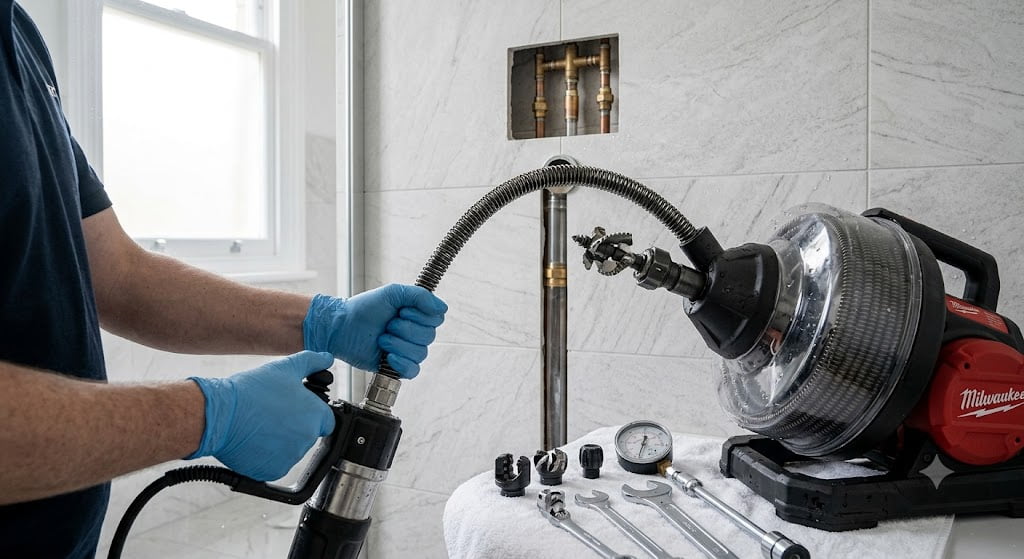 Professional plumber using industrial equipment for drain cleaning and blockage removal.