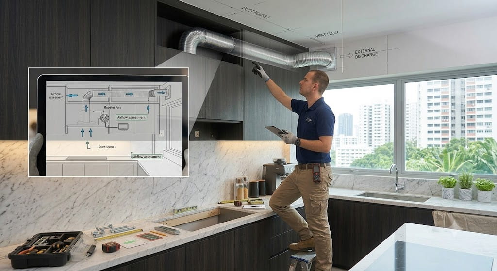 Ducted and recirculating cooker hood planning service in Singapore with ventilation route and airflow assessment