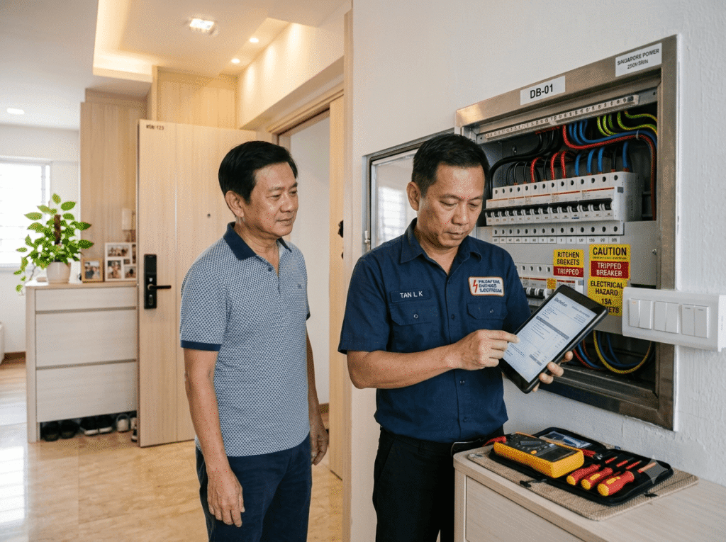 Licensed electrician in Singapore inspecting a residential distribution board while preparing an electrical service quote.