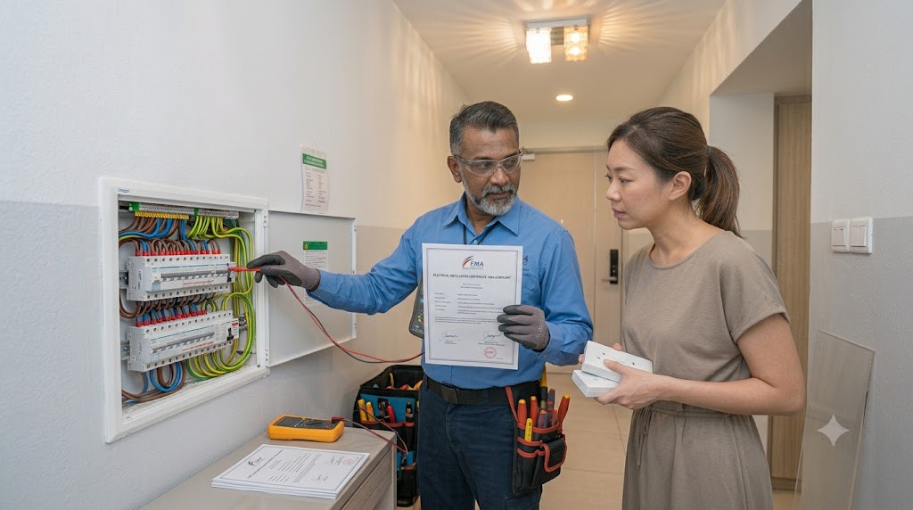 EMA-licensed electrician inspecting an HDB electrical distribution board and wiring in a Singapore apartment