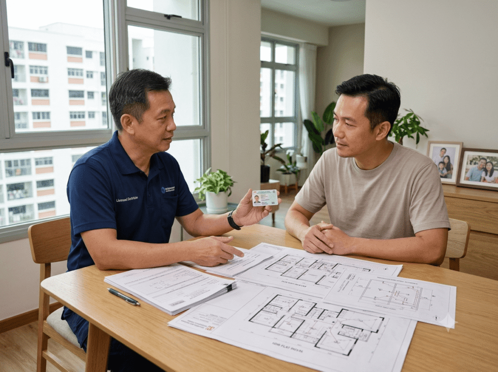 Licensed electrician explaining HDB electrical requirements and reviewing plans with a homeowner in Singapore.