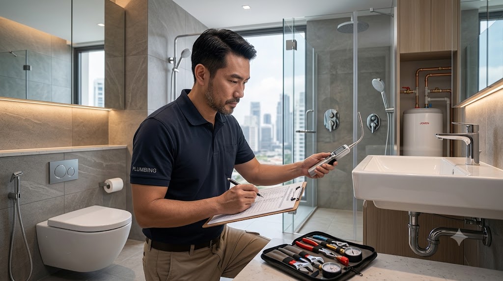 Plumber providing a fixed quote after inspecting residential plumbing work.