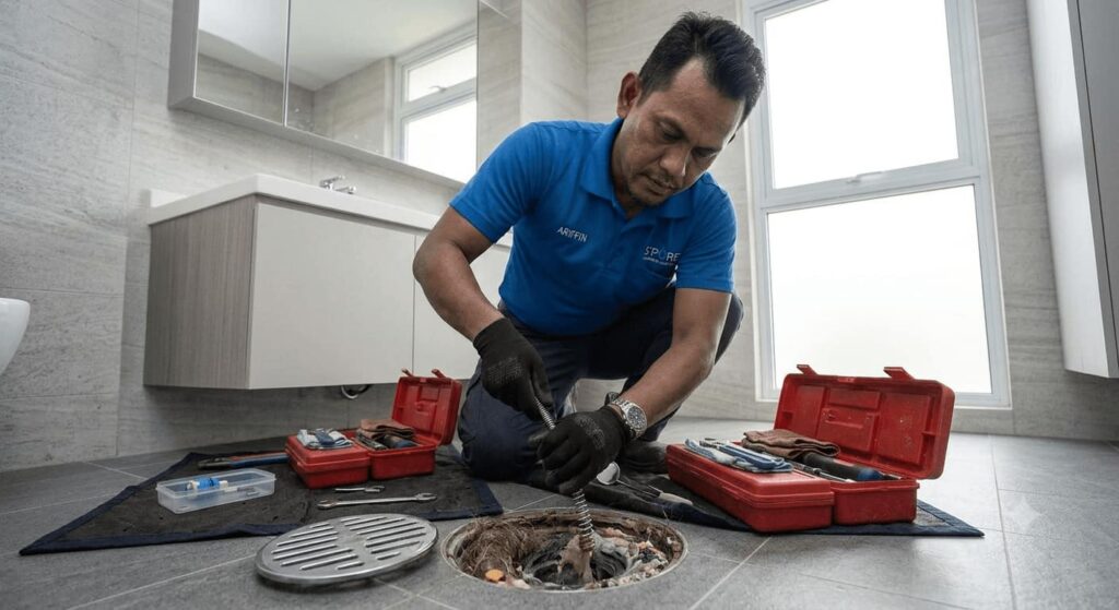 Bathroom floor trap blocked by drain choke in a Singapore home, plumber clearing standing water and removing debris from the floor drain using professional drain cleaning equipment.