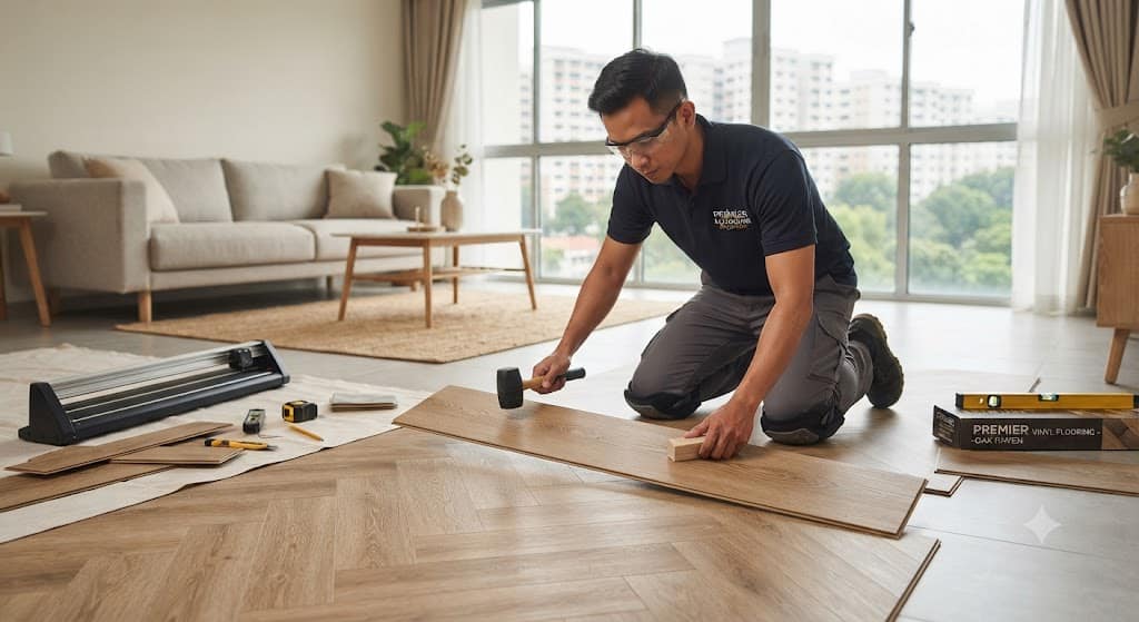 HDB and BTO vinyl flooring overlay installation service in Singapore with premium vinyl plank flooring upgrade