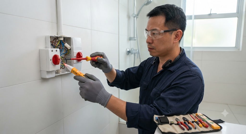 Electrician repairing and replacing water heater switch and isolator point safely in Singapore residential properties.