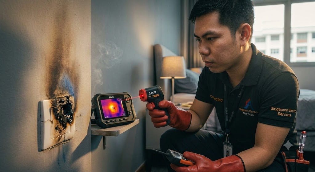 Burnt electrical socket repair in Singapore with heat damage inspection and power point replacement service