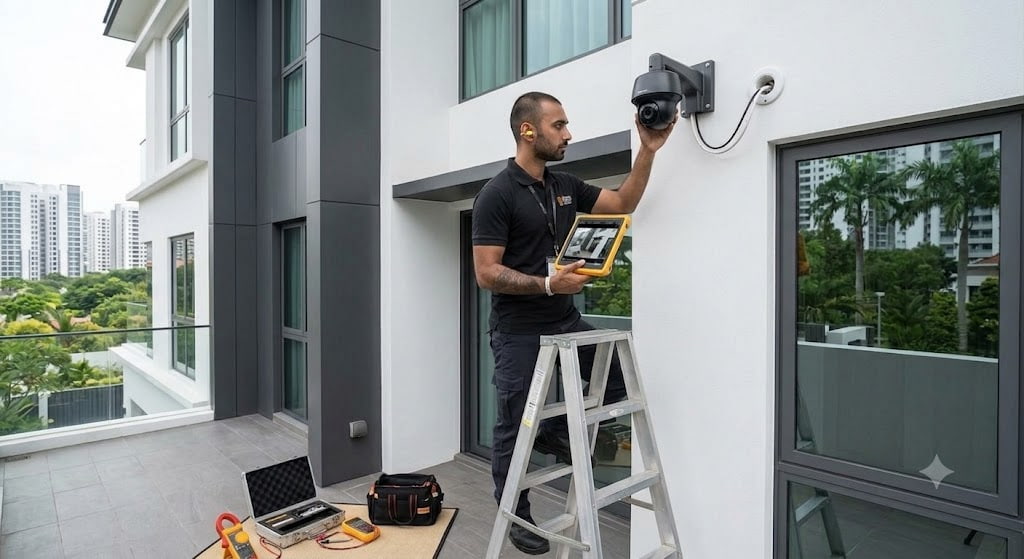 Technician installing indoor and outdoor CCTV camera in Singapore property