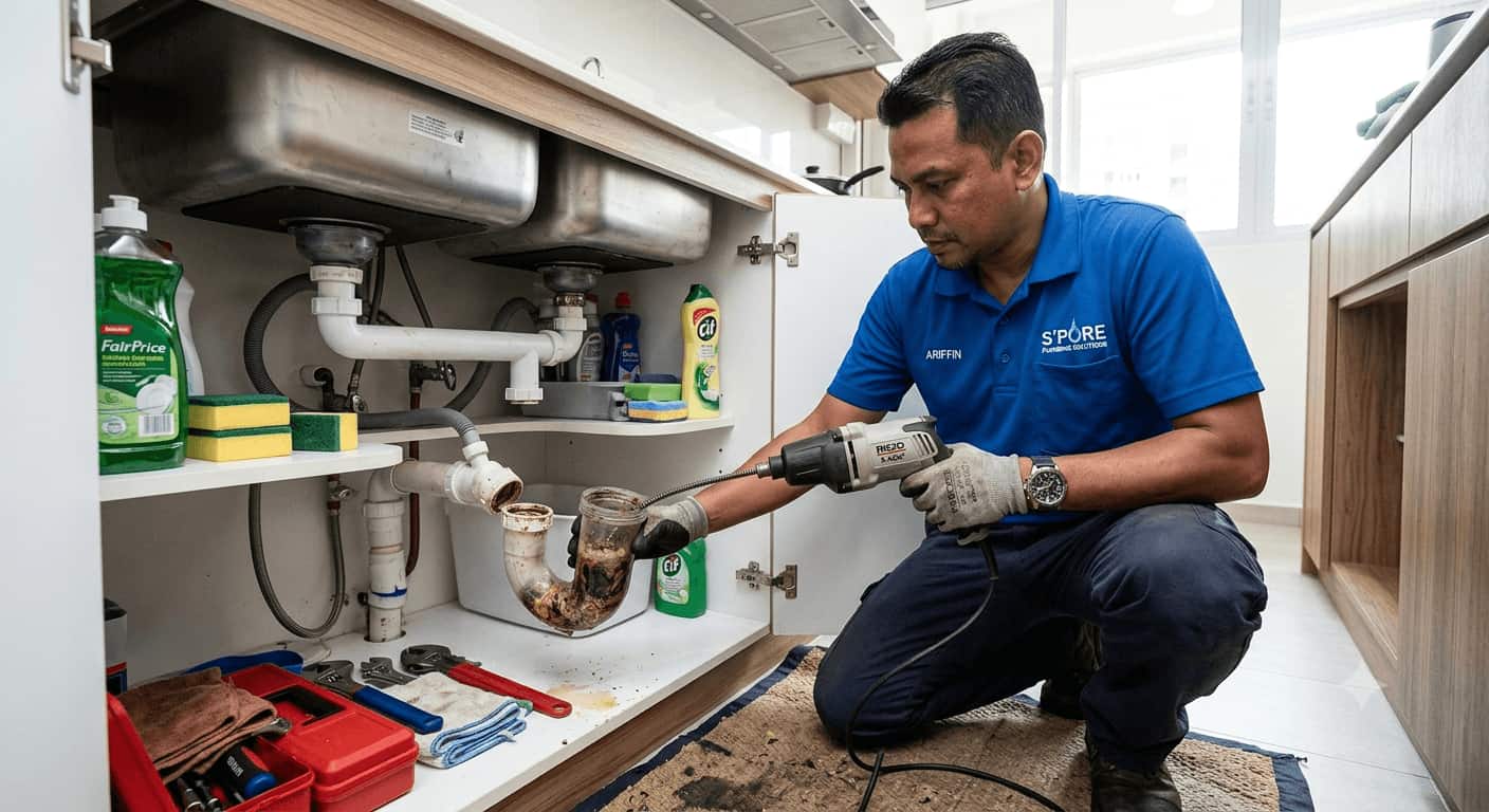 Professional plumber cleaning a clogged kitchen sink drain in a Singapore home, removing a blockage from the sink pipe using drain cleaning tools, residential plumbing maintenance and drain repair service.
