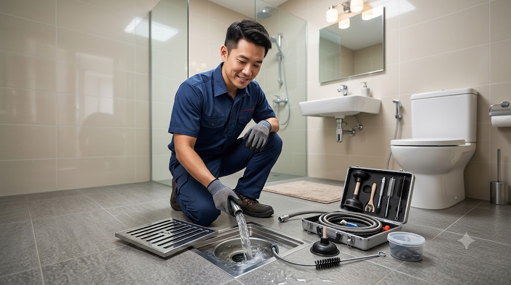 Natural drain cleaning using baking soda and vinegar to clear a minor blockage.