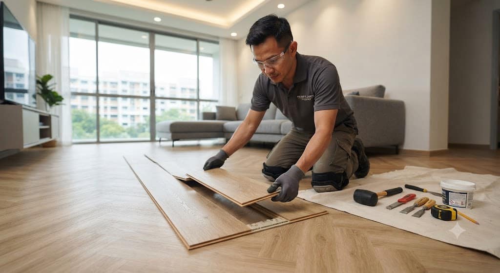 Lifting vinyl plank repair service in Singapore fixing raised vinyl flooring panels and damaged locking systems
