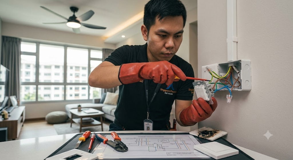 Licensed Singapore electrician replacing a faulty wall switch controlling ceiling fan and lighting circuit, modern living room environment, switch mechanism exposed for repair, electrician using insulated tools, bright residential setting, realistic electrical troubleshooting scene, ultra realistic photography, no text, no watermark