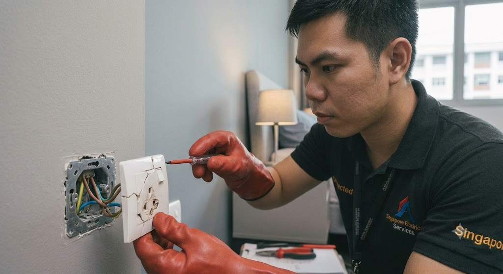 Loose electrical socket and broken faceplate repair by licensed electrician in Singapore residential property