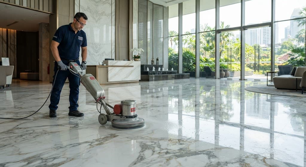 Professional marble floor polishing service in Singapore restoring shine and gloss to luxury marble surfaces