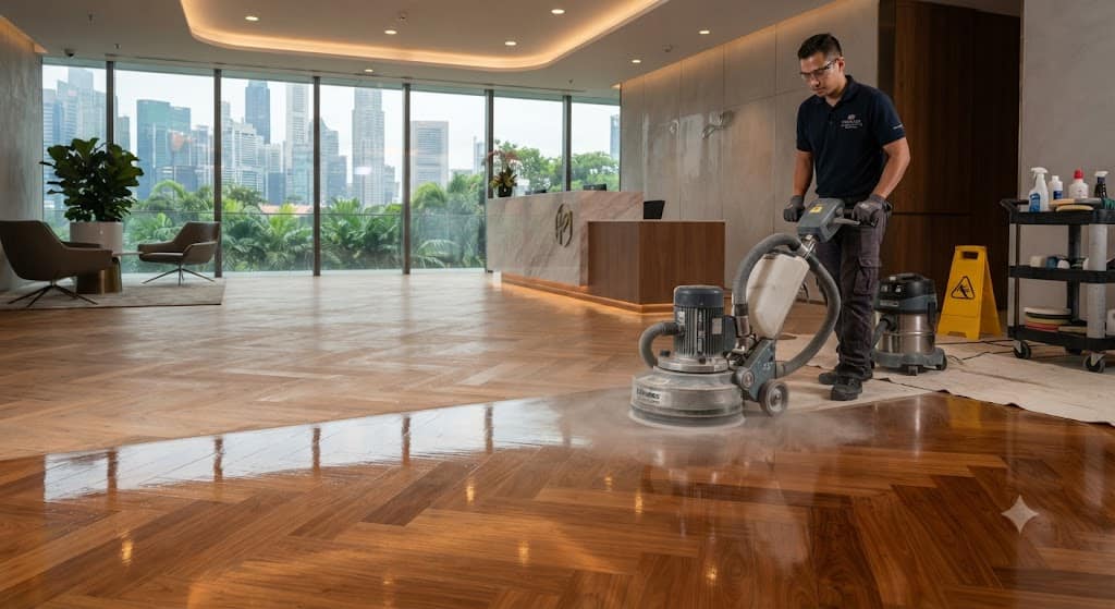 Office and commercial wood floor restoration service in Singapore for timber floor polishing and refresh
