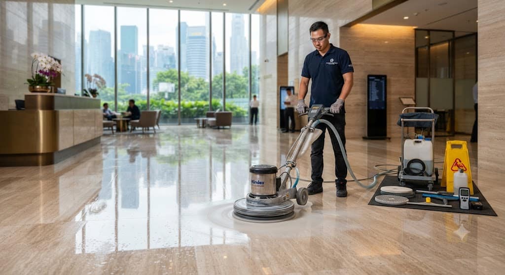 Office retail and lobby stone polishing service in Singapore for commercial natural stone floor restoration
