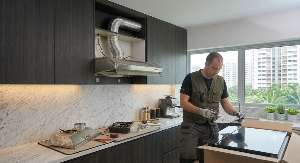 Old cooker hood replacement service in Singapore with professional removal and installation of new kitchen exhaust hood