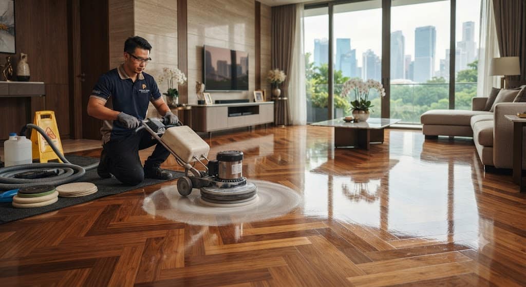 Professional parquet floor polishing service in Singapore restoring shine and natural wood grain appearance