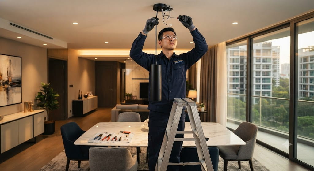 Licensed electrician installing pendant and hanging lights safely in Singapore residential dining and living spaces.