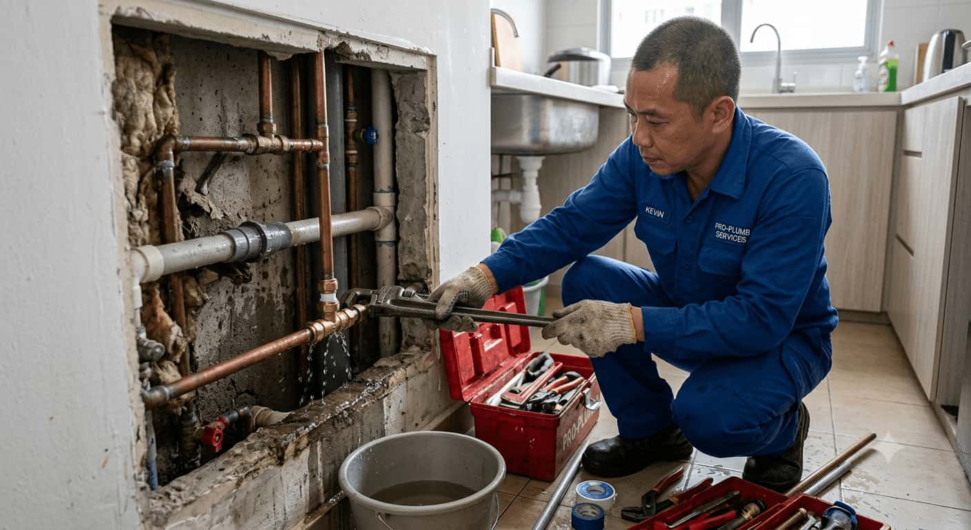 Professional plumber repairing leaking pipe joint and wall pipe in Singapore