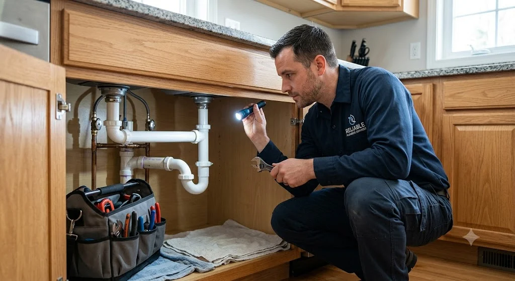 Professional plumber performing a system inspection and repair on household plumbing pipes.