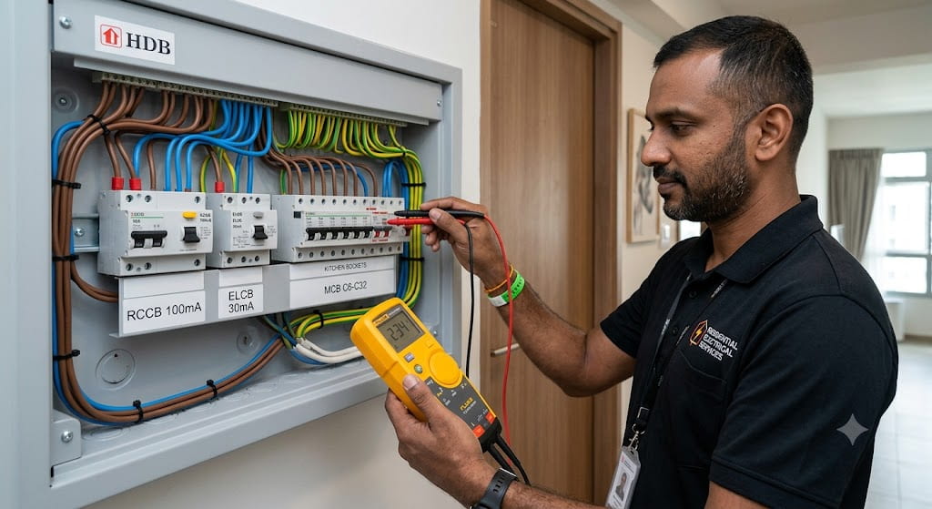 Electrician diagnosing RCCB ELCB and MCB tripping issues in Singapore home