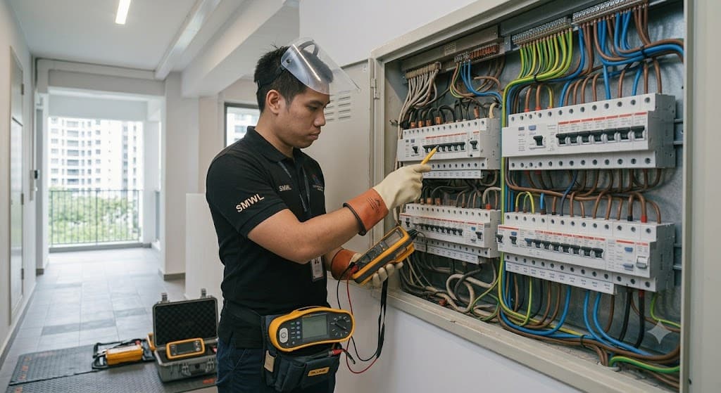 RCCB ELCB and RCBO upgrade planning inside Singapore electrical distribution board for enhanced circuit protection
