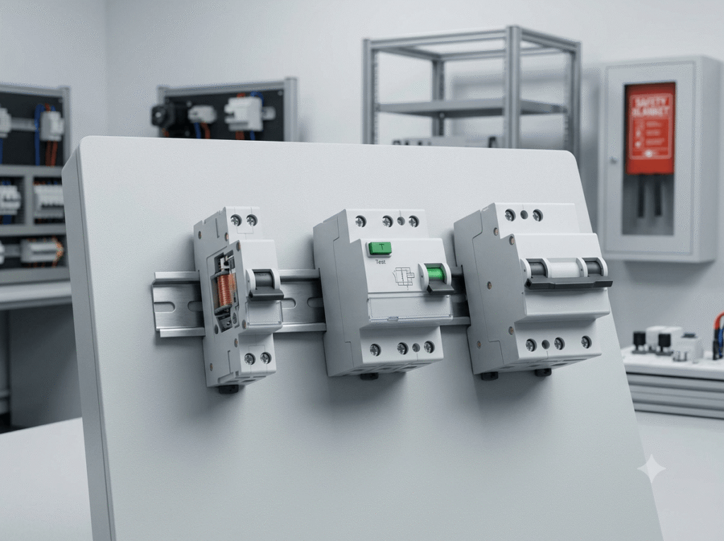 MCB, RCCB and RCBO circuit protection devices mounted on an electrical demonstration panel.