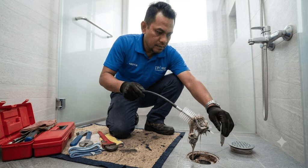 Shower drain cleaning service by plumber in Singapore