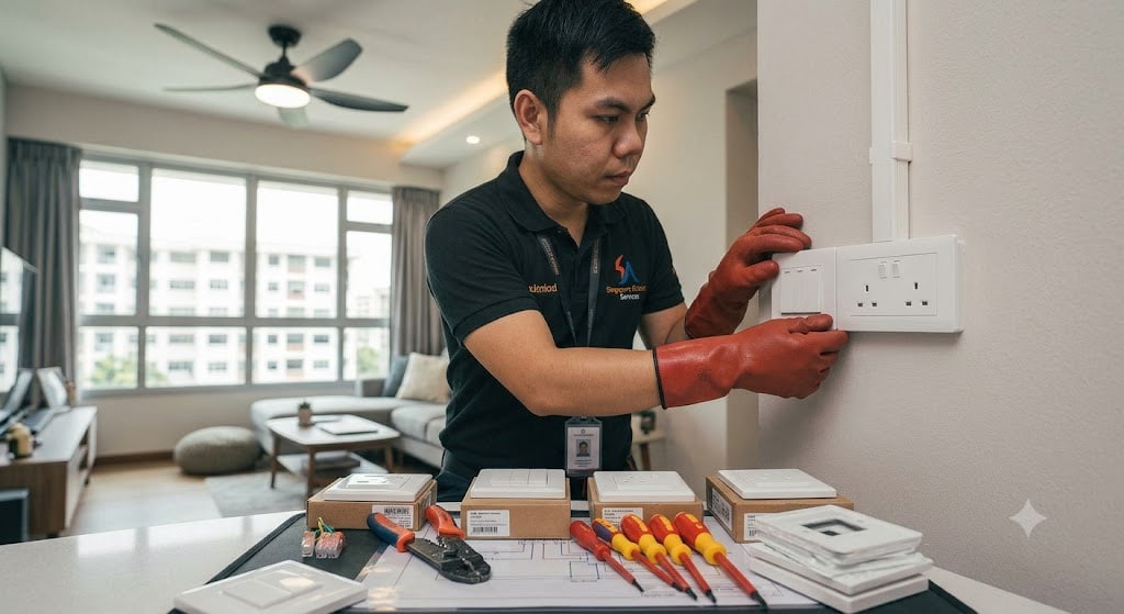 Electrical socket and switch replacement service in Singapore with new power point installation and upgrade