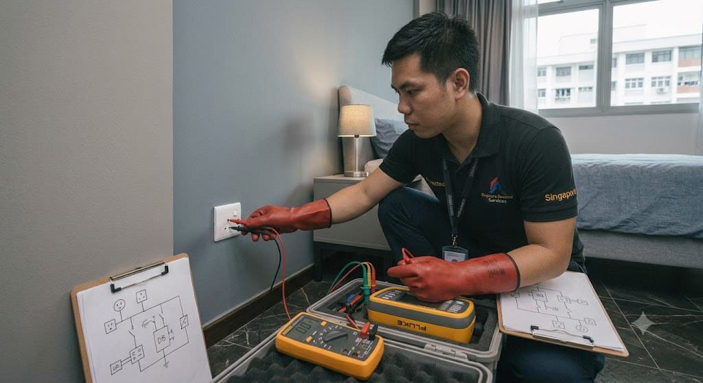 Singapore electrician diagnosing socket with no power using multimeter in HDB apartment power point repair service