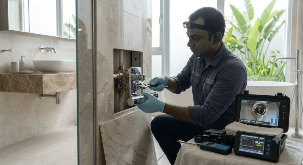 Thermostatic shower valve replacement service in Singapore installing and replacing shower temperature control valves