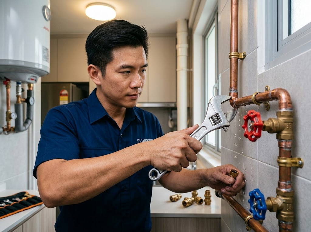 Emergency plumber responding to an urgent plumbing repair in Singapore.