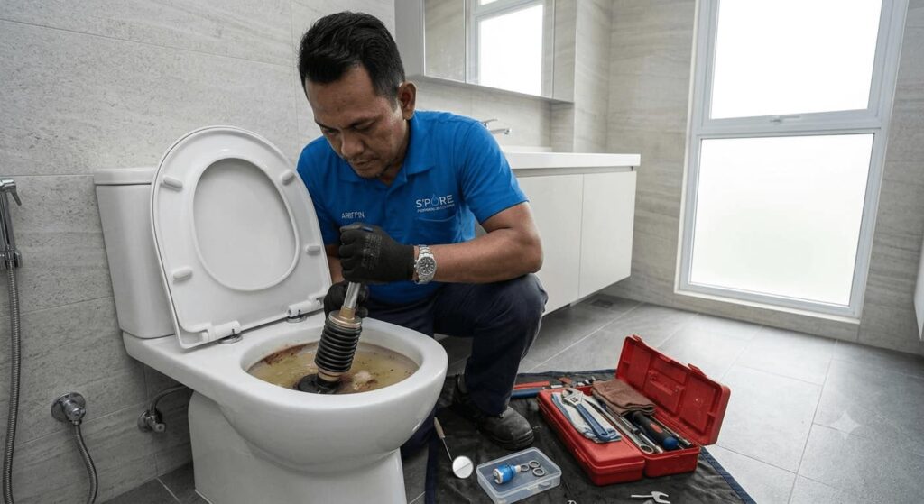 Toilet bowl choke clearing service by plumber in Singapore