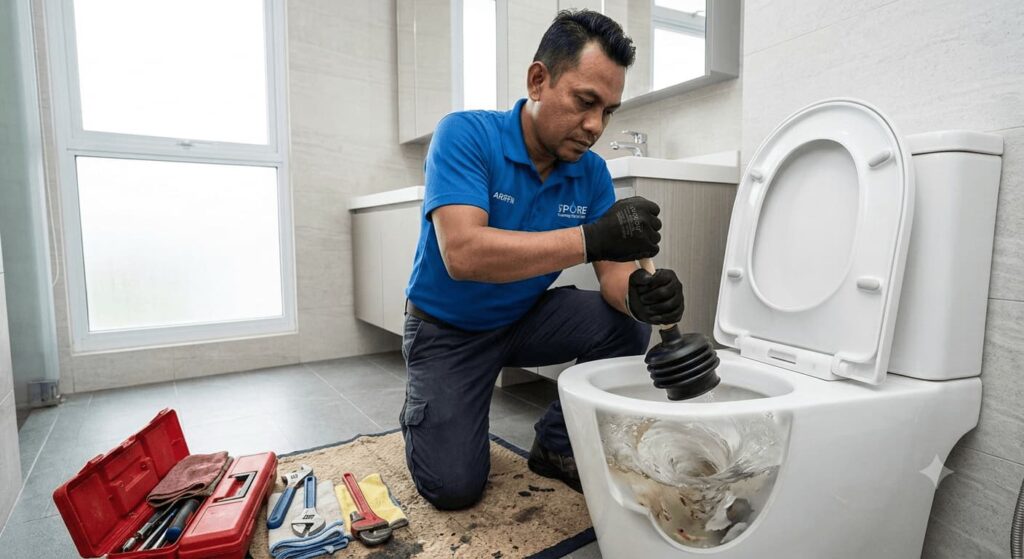 Professional plumber repairing a choked toilet bowl in a Singapore bathroom, clearing a severe toilet blockage with specialized drain cleaning equipment, emergency toilet choke repair and plumbing service.
