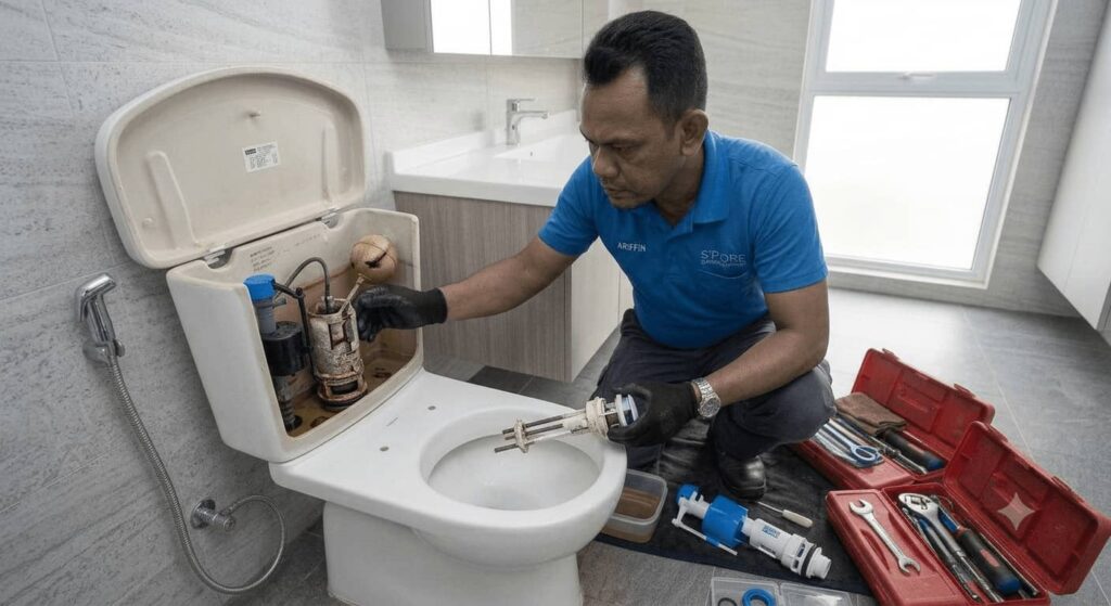 Toilet flush repair service in Singapore fixing faulty flush mechanisms, weak flushing, running toilets, and cistern flushing problems.