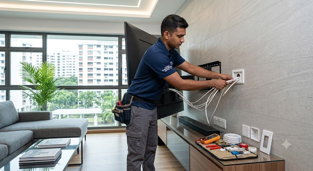 TV point extension and wiring service in Singapore with technician relocating television connection and cable outlet