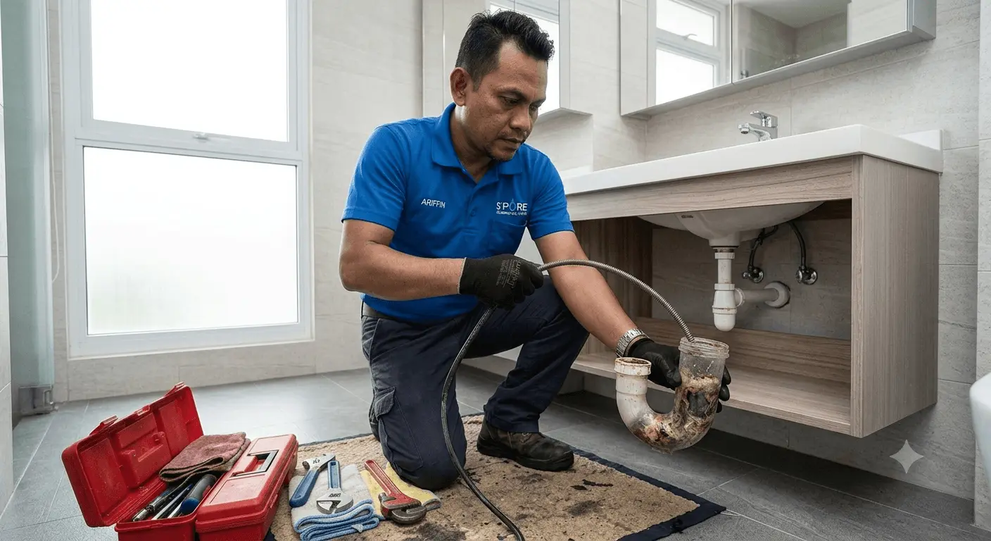 Plumber cleaning blocked wash basin drain in Singapore bathroom