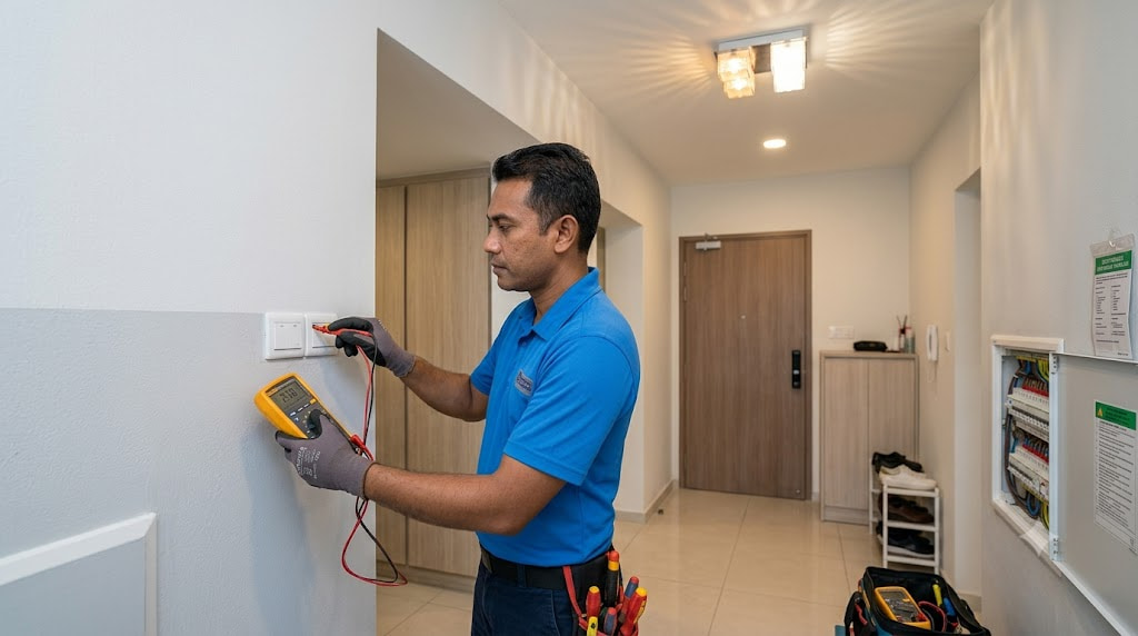 Licensed electrician inspecting a flickering ceiling light and electrical wiring in a Singapore HDB apartment